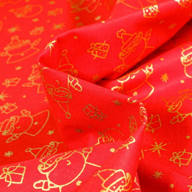 Tissu Coton imprimé Bio Père noël dorés sur fond Rouge
