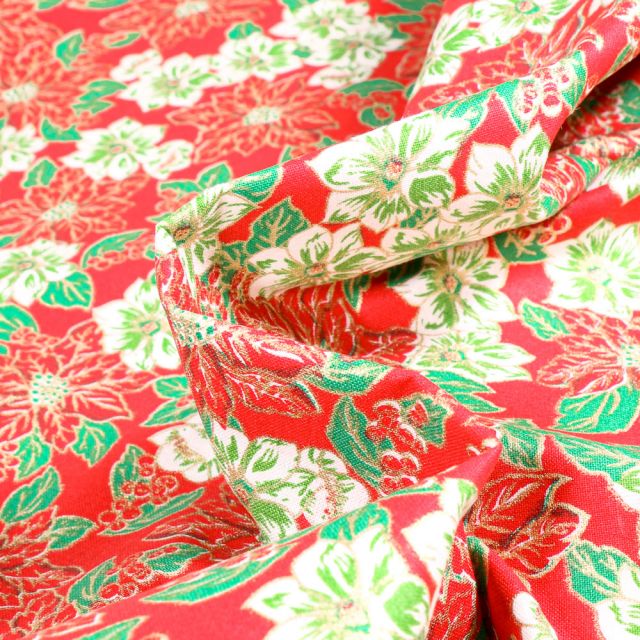 Tissu Coton imprimé Bio Poinsettia fleurs de noël sur fond Rouge