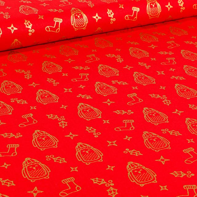 Tissu Coton imprimé Bio Pingouins de noël sur fond Rouge