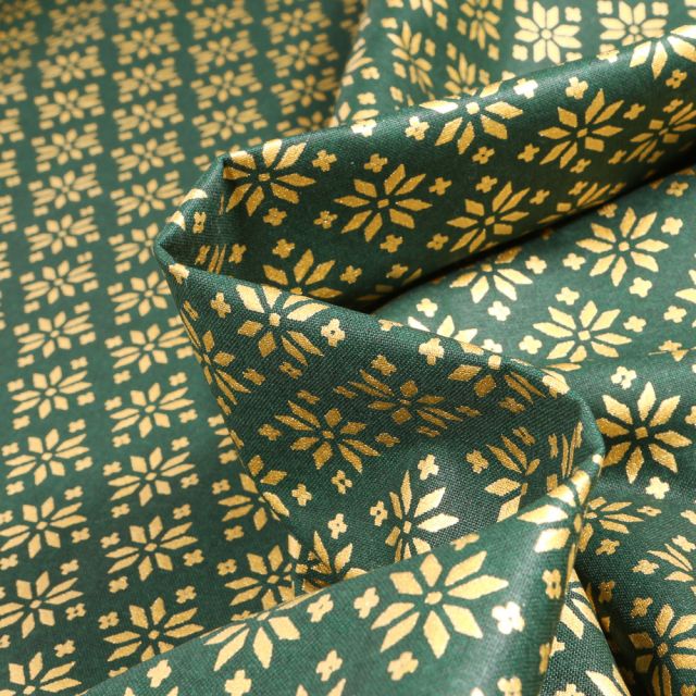 Tissu Coton imprimé Bio Beaux flocons dorés sur fond Vert foncé