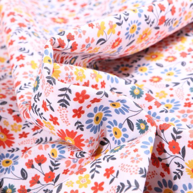 Tissu Coton MC Fabrics Pâquerettes multicolores sur fond Blanc