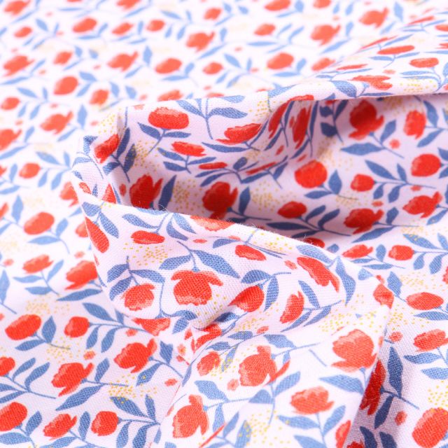 Tissu Coton MC Fabrics Coquelicot rouge et bleu sur fond Blanc