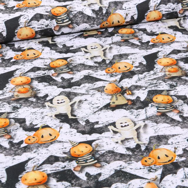 Tissu Coton imprimé Bio Happy Halloween sur fond Noir