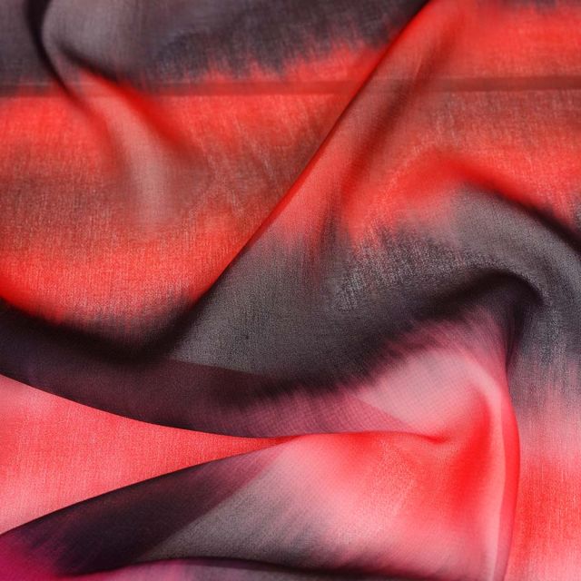 Tissu Mousseline rayé rouge et rose sur fond Noir