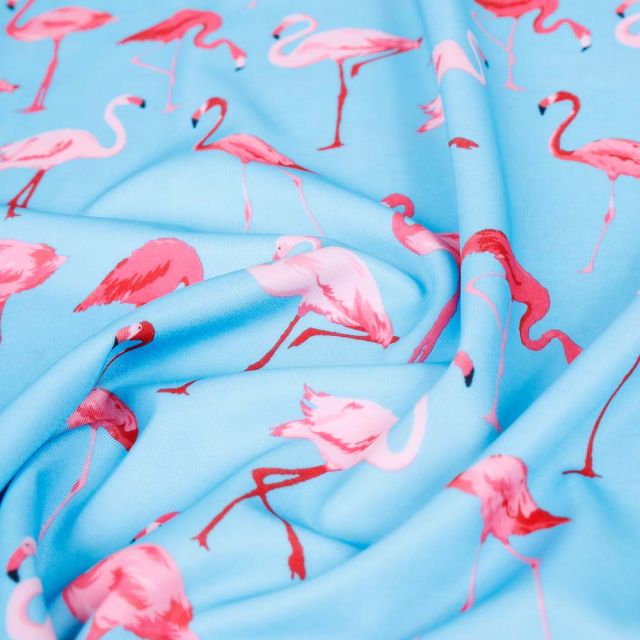 Tissu Lyocell Maillot de bain Flamants roses sur fond Bleu ciel