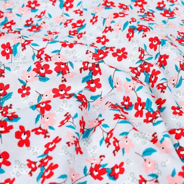 Tissu Popeline de Coton imprimé Petites fleurs rouges sur fond Gris clair