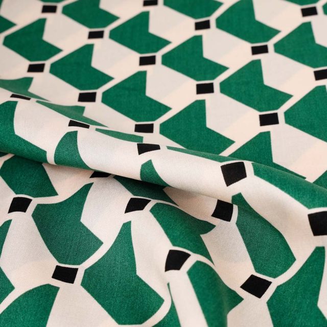 Tissu Viscose imprimé Graphic vert sur fond Blanc cassé