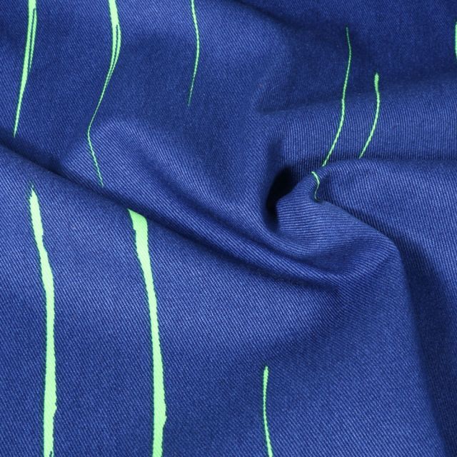 Tissu Toile de Coton Canvas Rayé Vert manthe sur fond Bleu roi