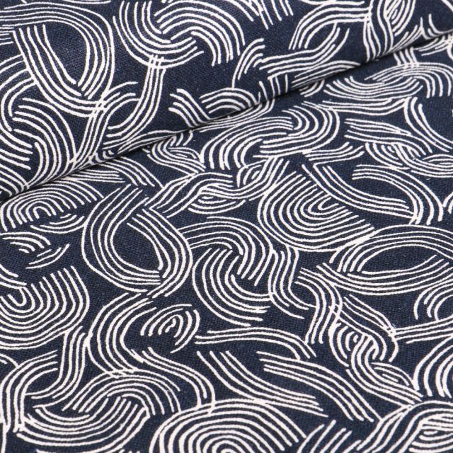 Tissu Coton Lin Dashwood Studio Serpentins blancs sur fond Bleu marine