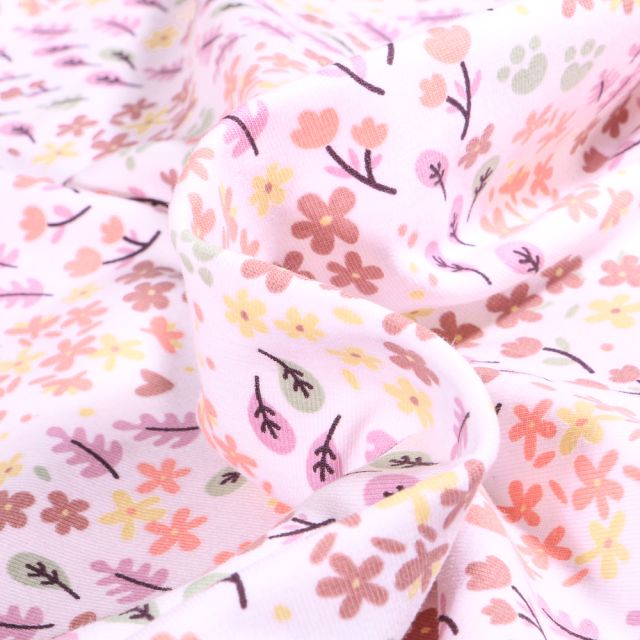 Tissu Jersey Coton Petites feuilles et fleurs colorés sur fond Blanc