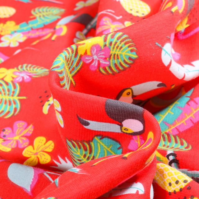 Tissu Jersey Coton Animaux des tropiques sur fond Rouge