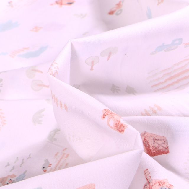 Tissu Coton imprimé Ferme de campagne sur fond Blanc