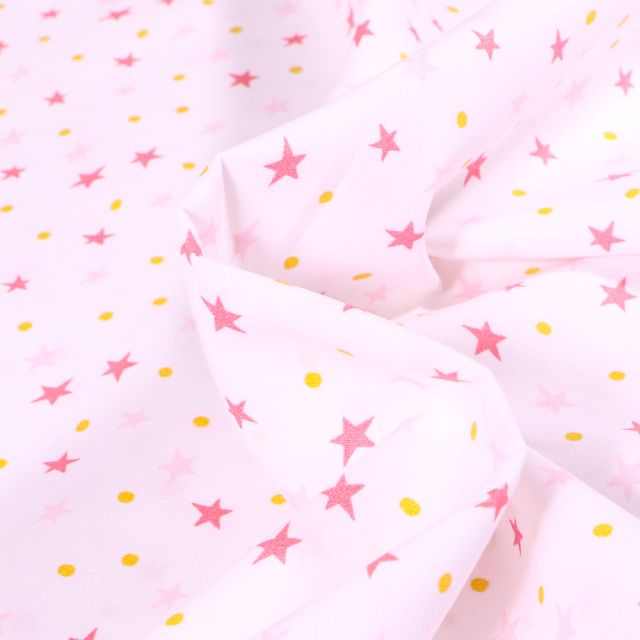 Tissu Coton imprimé LittleBird Etoiles et petits pois rose sur fond Blanc