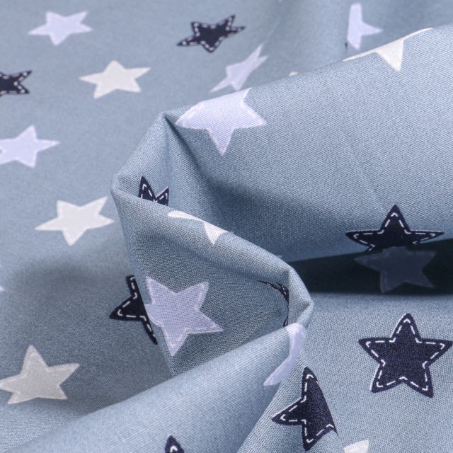 Tissu Coton imprimé Etoiles effet couture sur fond Bleu gris