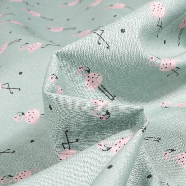 Tissu Coton imprimé Flamingo sur fond Vert menthe clair