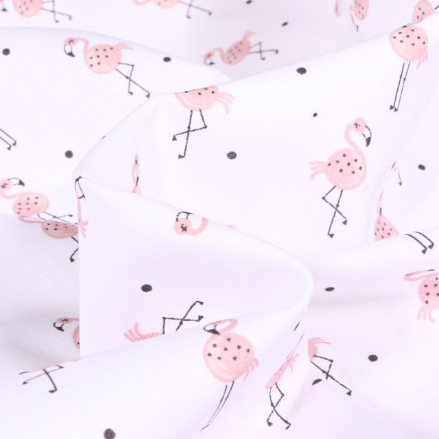 Tissu Coton imprimé Flamingo sur fond Blanc