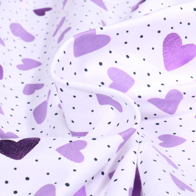 Tissu Jersey Coton Coeurs métalissés violet sur fond Blanc