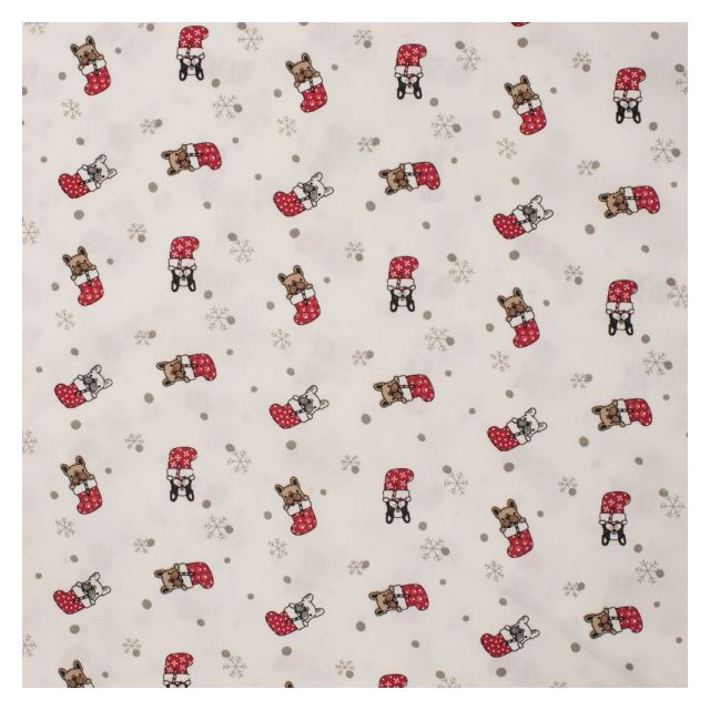 Tissu Coton imprimé Dog Noël sur fond Blanc cassé
