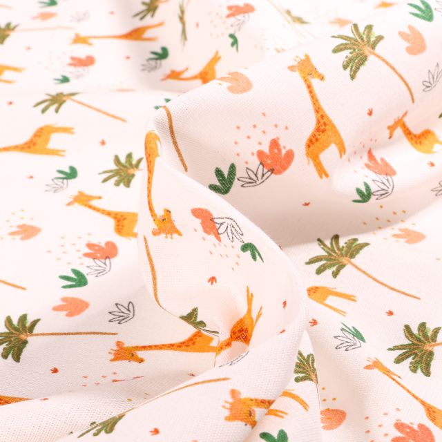 Tissu Coton imprimé Chally Girafes et palmiers sur fond Blanc