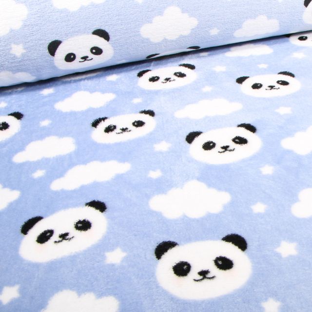 Tissu Doudou Panda étoiles sur fond Bleu ciel