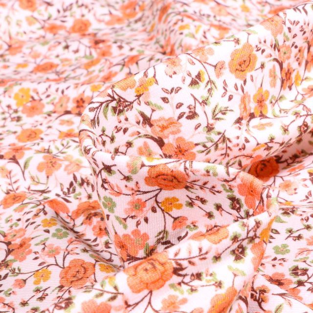 Tissu Jersey Coton Sweet Flower Lillie orange sur fond Blanc
