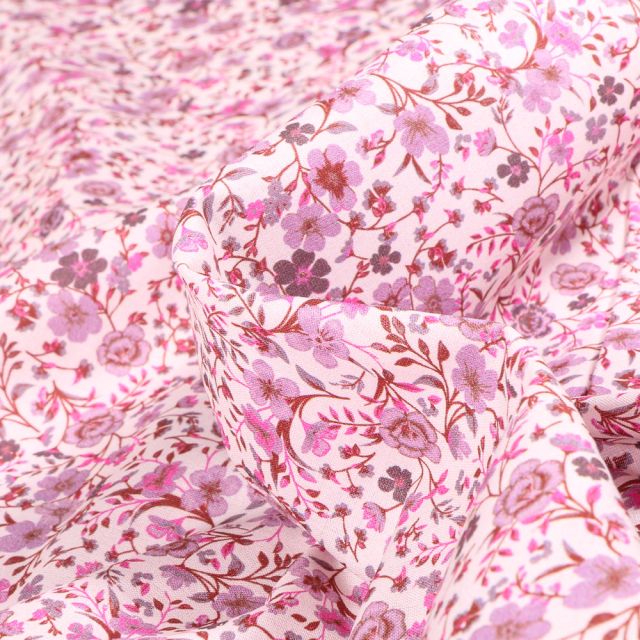 Tissu Popeline de coton Sweet Flower Mathilde Rose sur fond Blanc