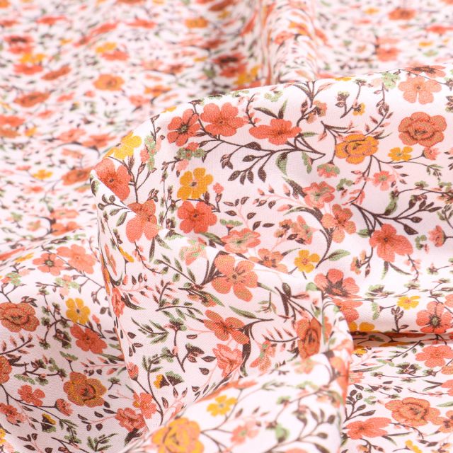 Tissu Popeline de coton Sweet Flower Mathilde Orange sur fond Blanc