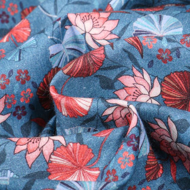 Tissu Voile de coton Sweet Flower Kaly sur fond Bleu