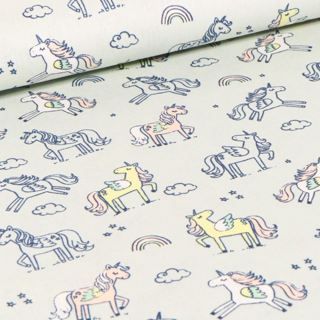 Tissu Coton imprimé LittleBird Licornes et nuages sur fond Vert menthe clair