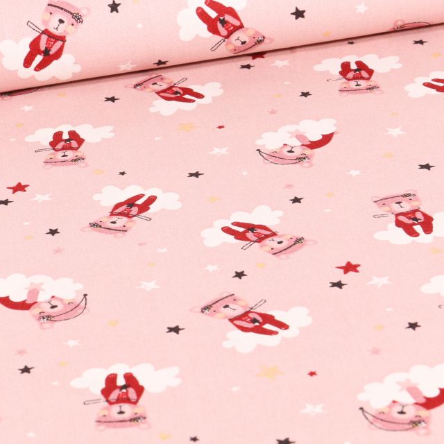 Tissu Coton imprimé LittleBird Oursons et nuages sur fond Rose pâle
