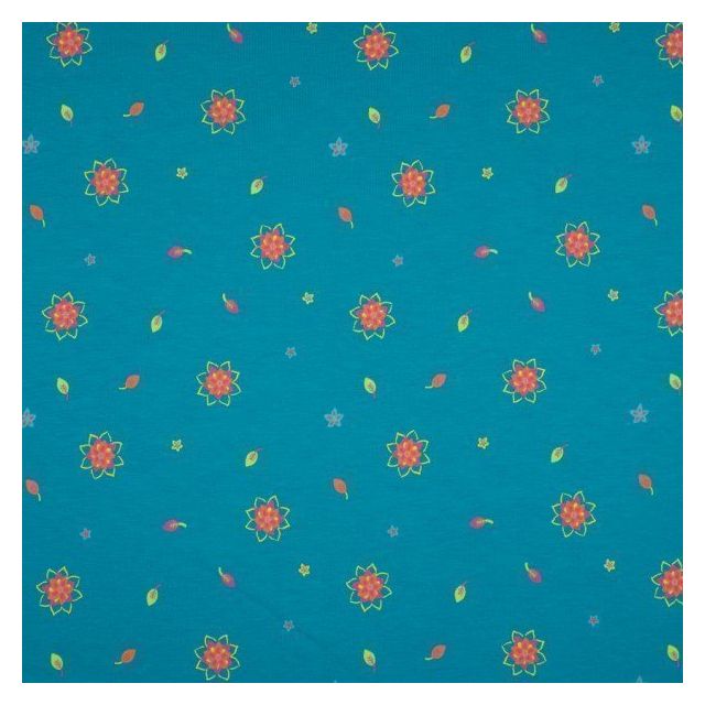 Tissu Jersey Coton imprimé Fleurs et feuilles multicolores sur fond Bleu turquoise - Par 10 cm