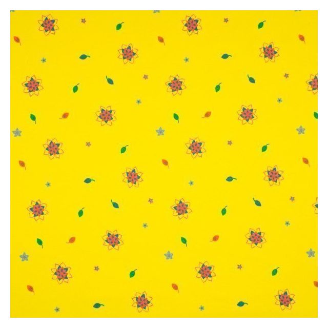 Tissu Jersey Coton imprimé Fleurs et feuilles multicolores sur fond Jaune vif - Par 10 cm