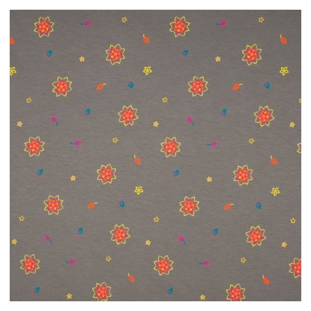Tissu Jersey Coton imprimé Fleurs et feuilles multicolores sur fond Gris pierre - Par 10 cm