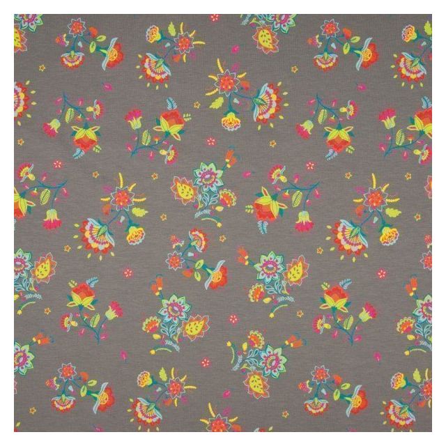 Tissu Jersey Coton imprimé Bouquet de fleurs sur fond Gris pierre - Par 10 cm