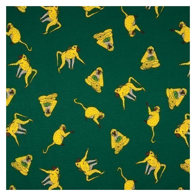 Tissu Jersey Coton Singes jaunes et oiseaux sur fond Vert sapin - Par 10 cm