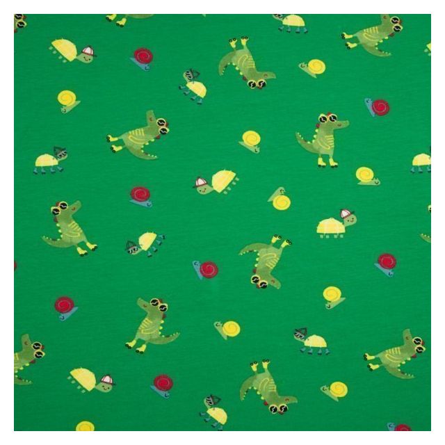 Tissu Jersey Coton imprimé Crocodiles tortues et escargots sur fond Vert - Par 10 cm