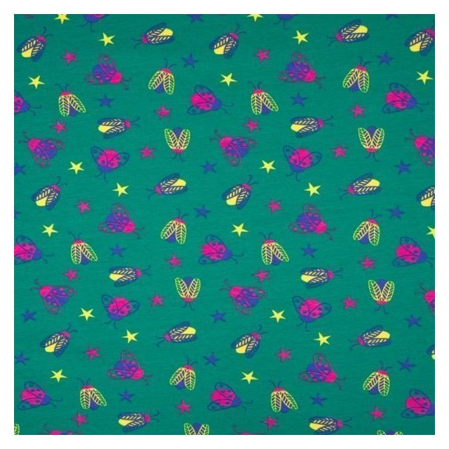 Tissu Jersey Coton imprimé Scarabées et petites étoiles sur fond Vert émeraude - Par 10 cm