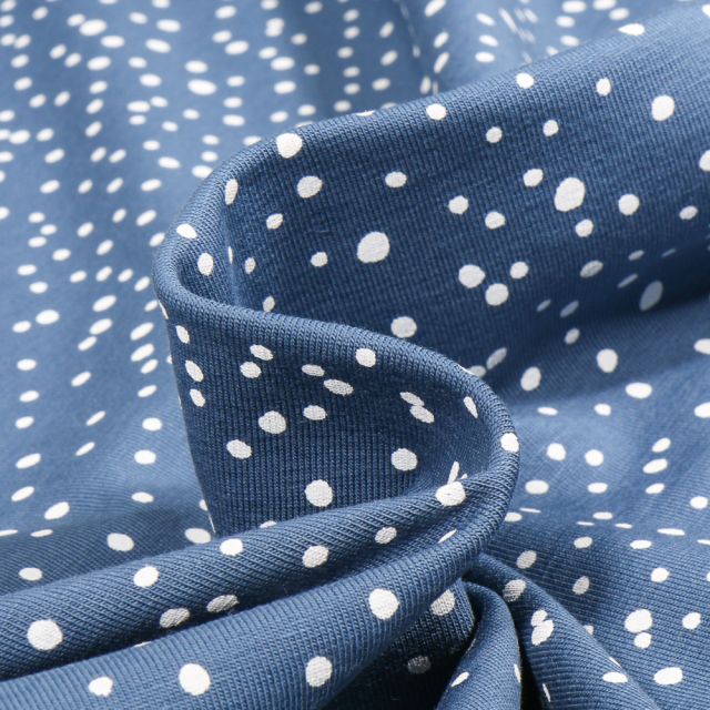 Tissu Jersey Coton Camille Petits pois blanc sur fond Bleu denim
