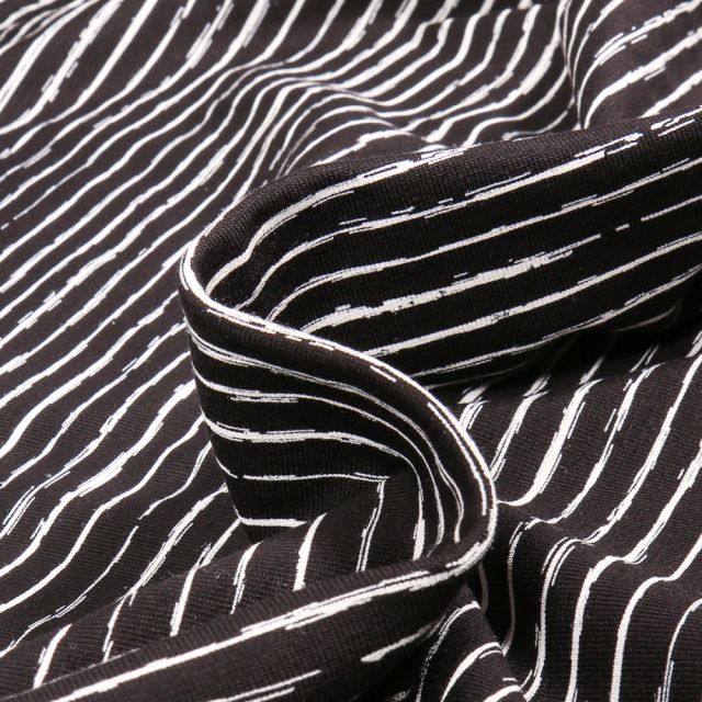 Tissu Jersey Coton Camille Rayures destructurés sur fond Noir