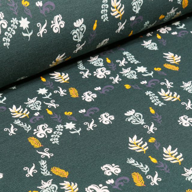 Tissu Jersey Coton Petites fleurs et feuilles sur fond Vert foncé