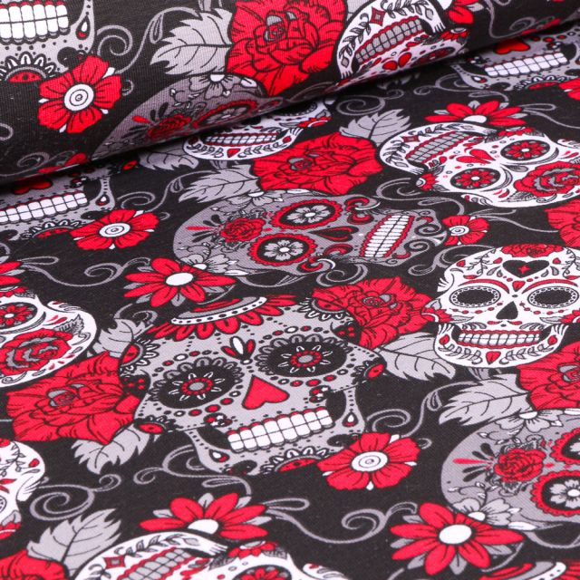 Tissu Jersey Coton Tête de morts rouge sur fond Noir