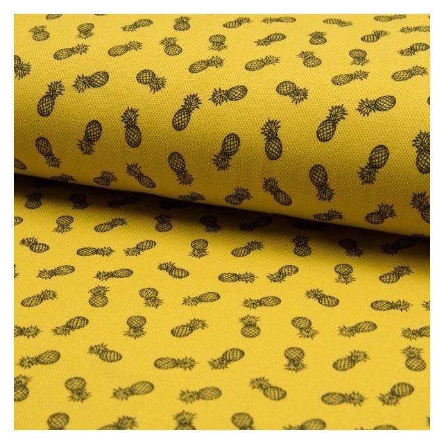 Tissu Jersey Piqué de coton spécial Polo Ananas sur fond Jaune - Par 10 cm