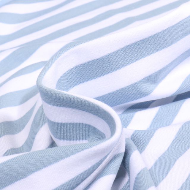 Tissu Jersey Coton Stripe sur fond Bleu ciel