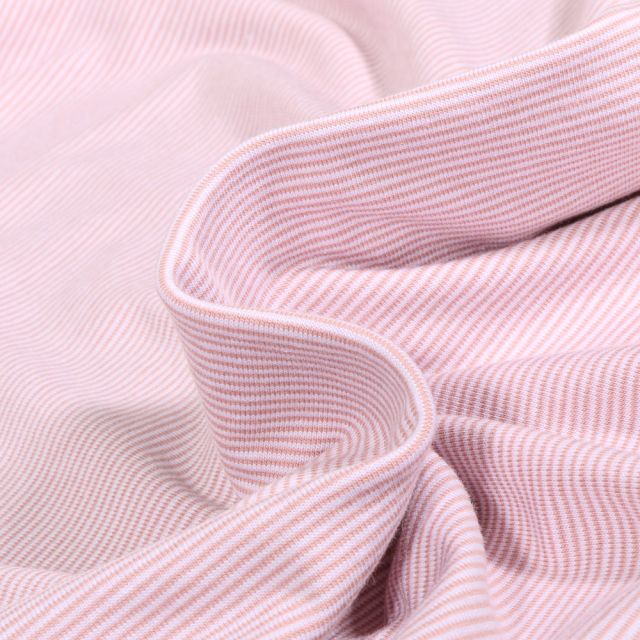 Tissu Jersey Coton Stripe mini sur fond Rose pâle