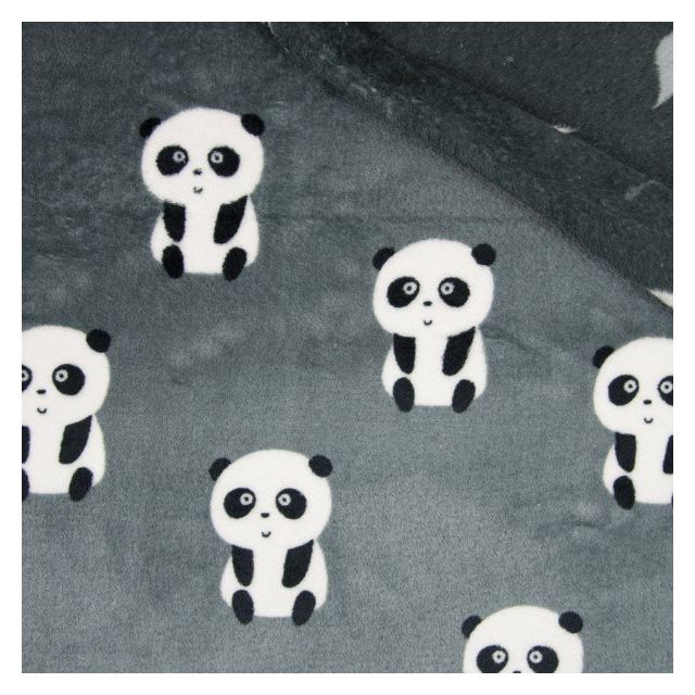 Tissu  Doudou  double face  Panda envers feuilles grises et blanches sur fond Gris - Par 10 cm