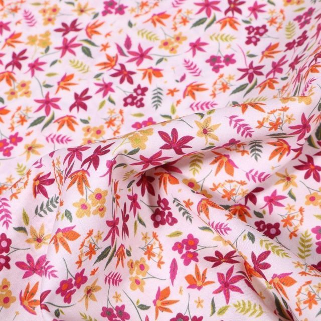 Tissu Popeline de coton Sweet Flower Jeanne sur fond Blanc - Par 10 cm
