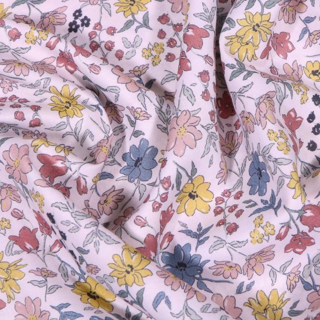 Tissu Popeline de coton Sweet Flower Augustine sur fond Blanc - Par 10 cm