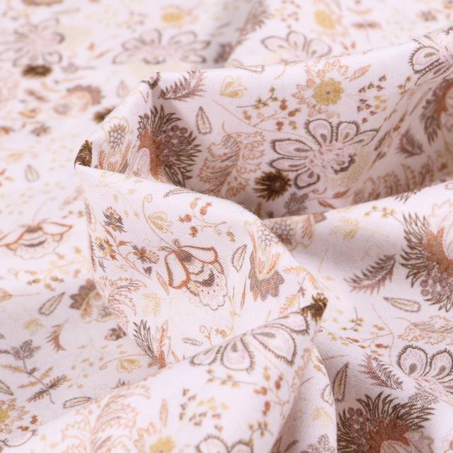 Tissu Popeline de coton  Sweet Flower Camille nude sur fond Blanc