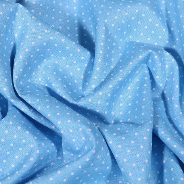 Tissu Coton imprimé Petits pois blancs sur fond Bleu ciel - Par 10 cm