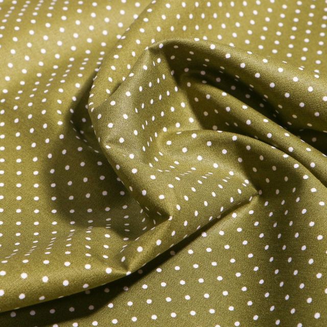 Tissu Coton imprimé Mini pois 2 mm sur fond Vert kaki - Par 10 cm